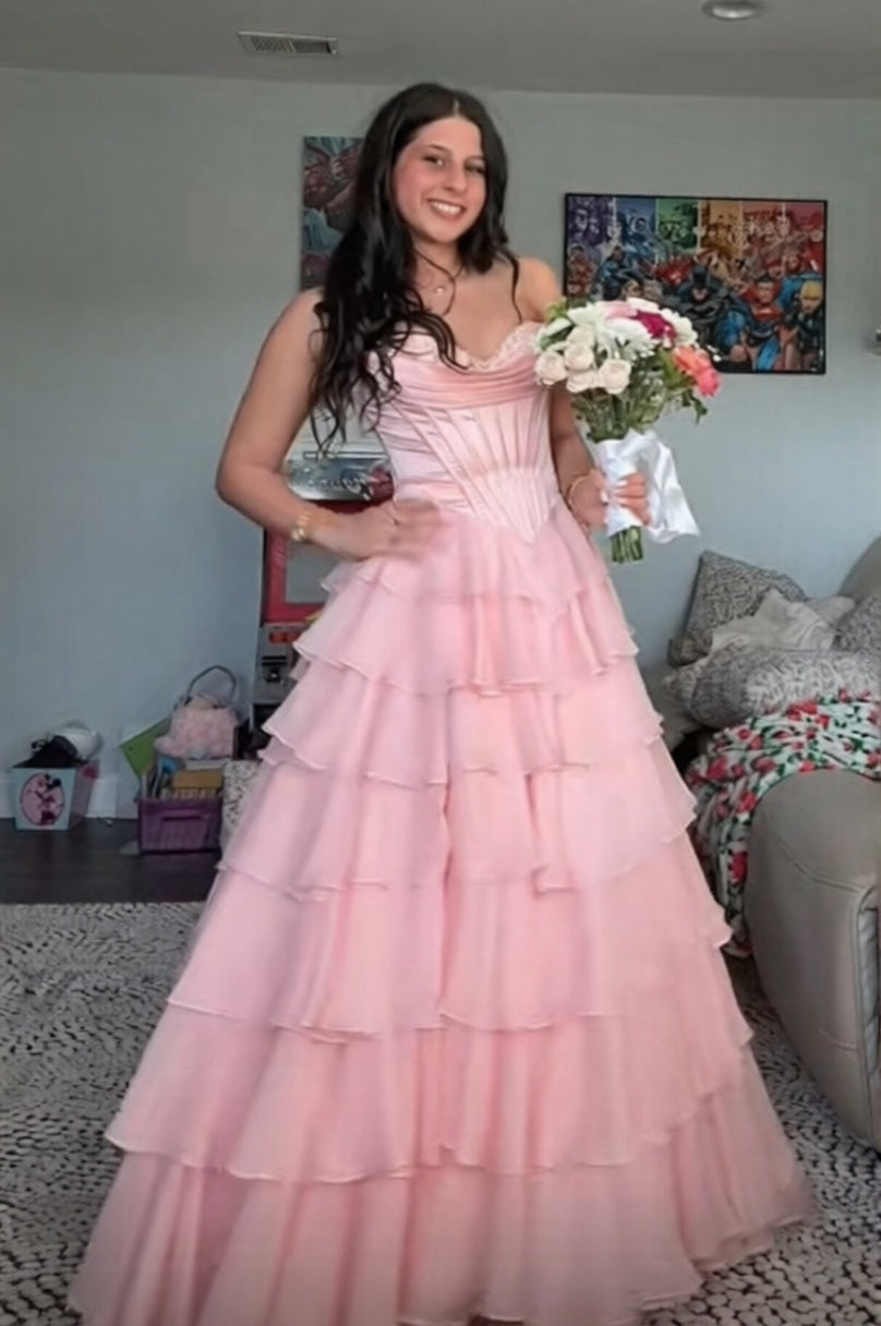 Pretty Sweetheart A-Line Satin Top Long Layered Chiffon Prom Dress with Slit AD071