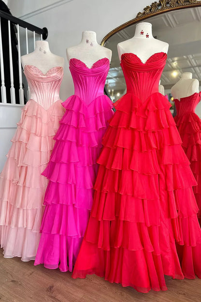 Pretty Sweetheart A-Line Satin Top Long Layered Chiffon Prom Dress with Slit AD071