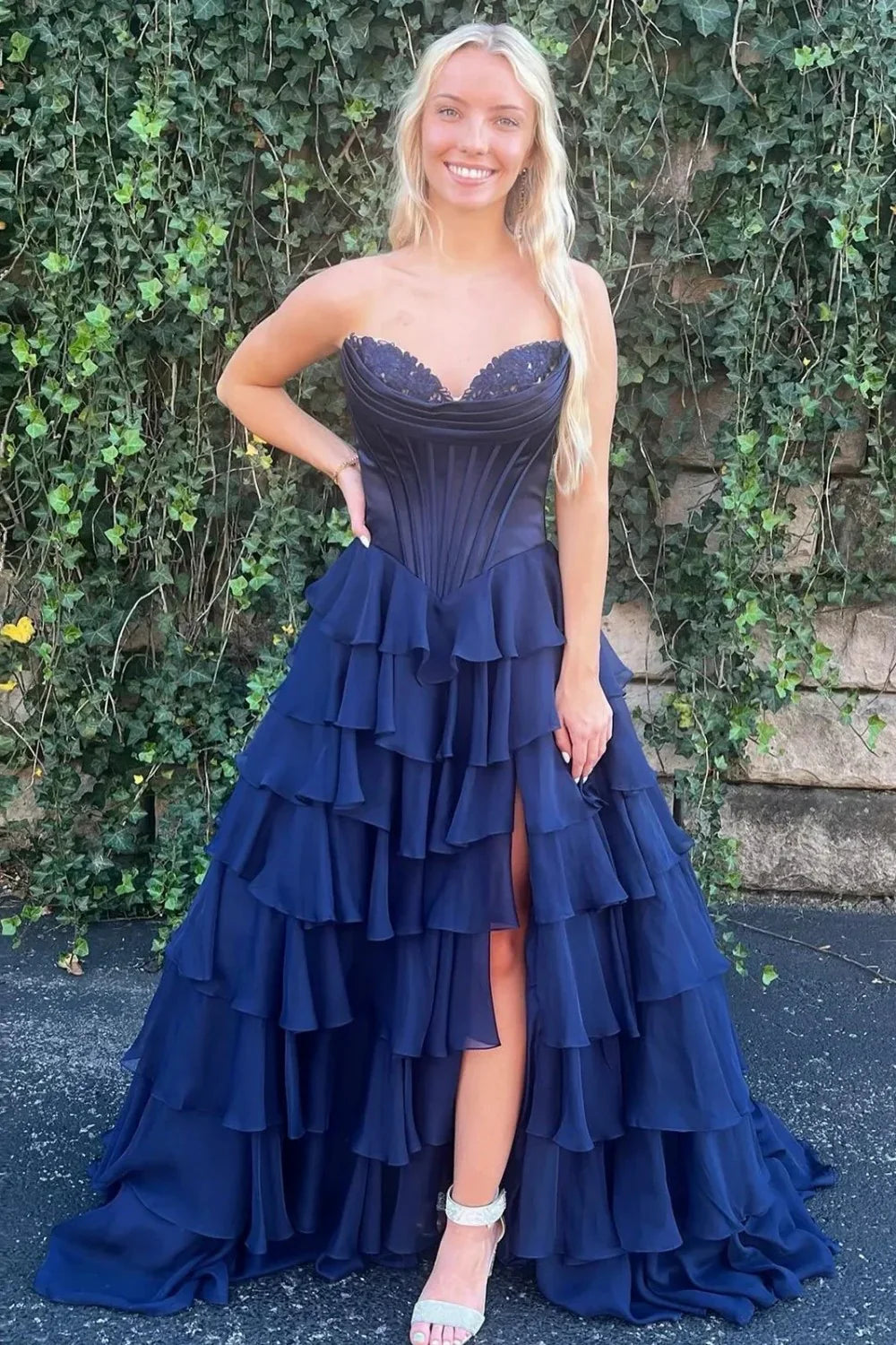 Pretty Sweetheart A-Line Satin Top Long Layered Chiffon Prom Dress with Slit AD071