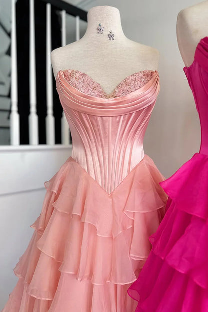 Pretty Sweetheart A-Line Satin Top Long Layered Chiffon Prom Dress with Slit AD071
