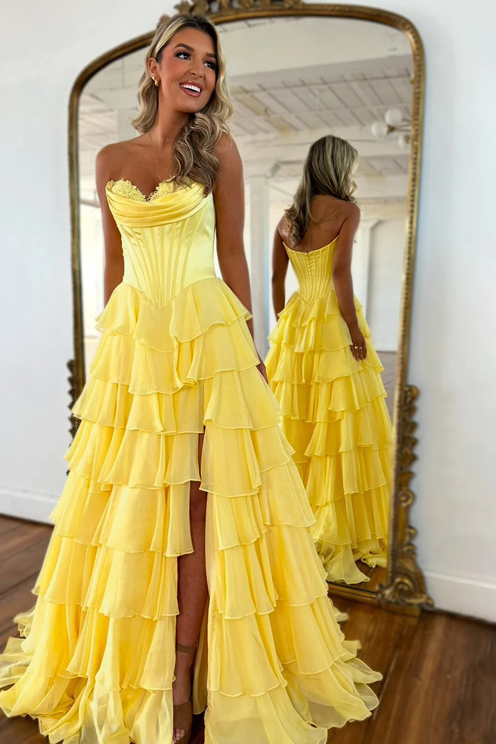 Pretty Sweetheart A-Line Satin Top Long Layered Chiffon Prom Dress with Slit AD071
