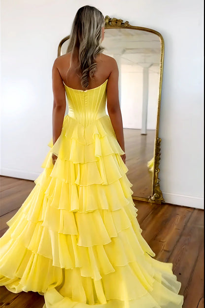 Pretty Sweetheart A-Line Satin Top Long Layered Chiffon Prom Dress with Slit AD071