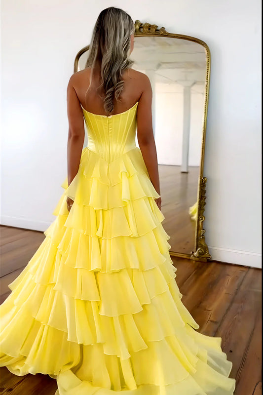 Pretty Sweetheart A-Line Satin Top Long Layered Chiffon Prom Dress with Slit AD071
