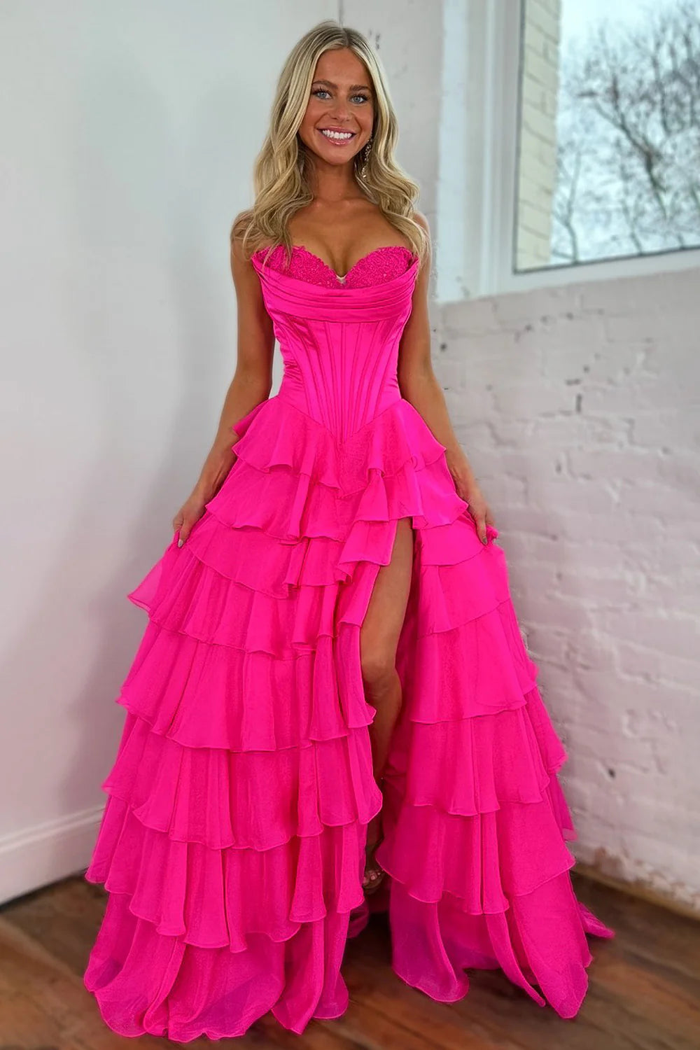 Pretty Sweetheart A-Line Satin Top Long Layered Chiffon Prom Dress with Slit AD071