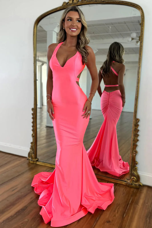 Pink Mermaid V-Neck Prom Dress with Chic Cross Back and Satin Finish AD072