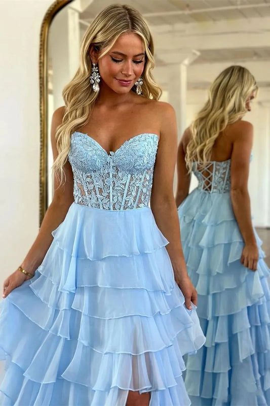 Cute Light Blue A-Line Sweetheart Lace Up Long Tiered Chiffon Prom Dress with Slit AD074