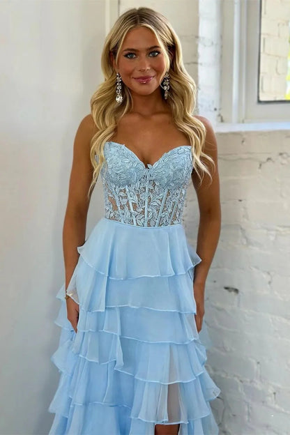 Cute Light Blue A-Line Sweetheart Lace Up Long Tiered Chiffon Prom Dress with Slit AD074