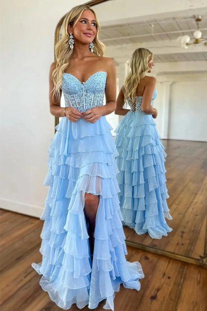 Cute Light Blue A-Line Sweetheart Lace Up Long Tiered Chiffon Prom Dress with Slit AD074