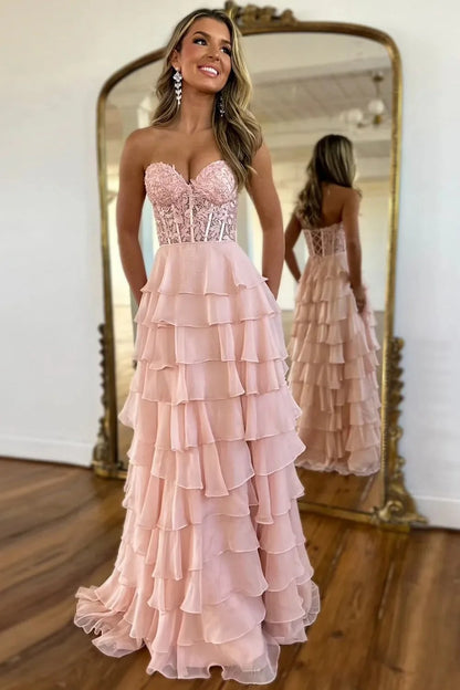 Cute Light Blue A-Line Sweetheart Lace Up Long Tiered Chiffon Prom Dress with Slit AD074