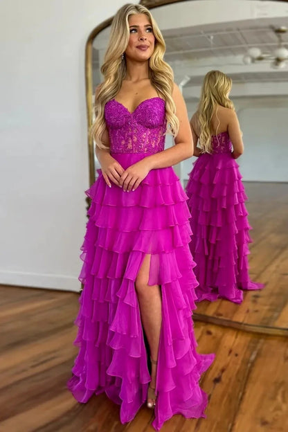 Cute Light Blue A-Line Sweetheart Lace Up Long Tiered Chiffon Prom Dress with Slit AD074