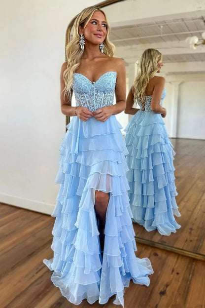 Cute Light Blue A-Line Sweetheart Lace Up Long Tiered Chiffon Prom Dress with Slit AD074