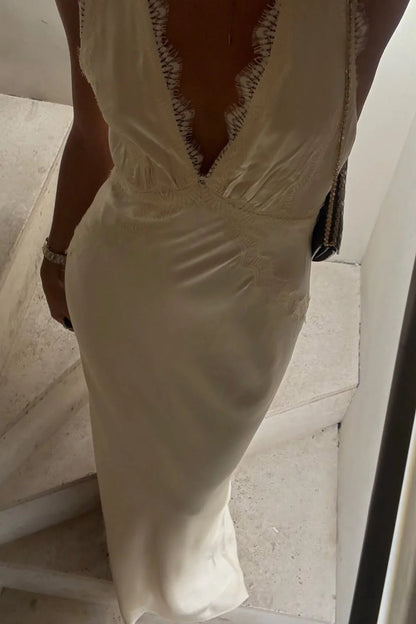 Hot Mermaid Deep V Neck Ivory Long Party Dress with Lace AD075