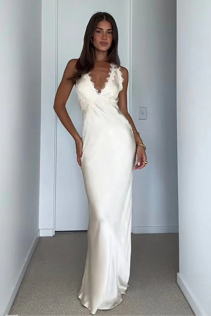 Hot Mermaid Deep V Neck Ivory Long Party Dress with Lace AD075