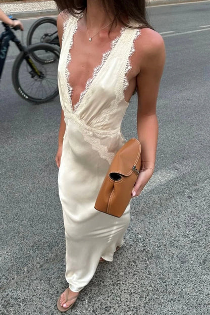 Hot Mermaid Deep V Neck Ivory Long Party Dress with Lace AD075