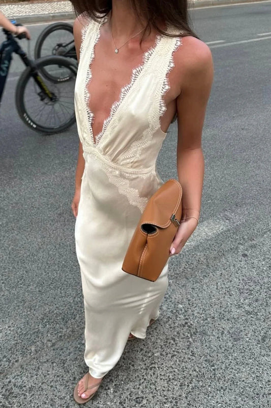 Hot Mermaid Deep V Neck Ivory Long Party Dress with Lace AD075