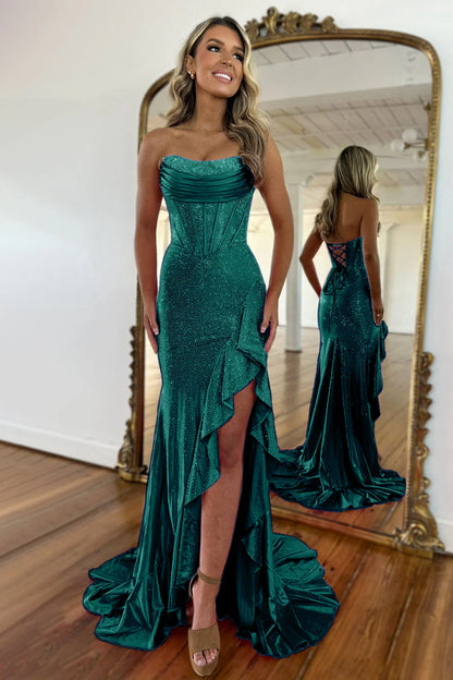 Light Blue Strapless Mermaid Prom Dress with Lace Up Back Beaded Details and Leg Slit AD078