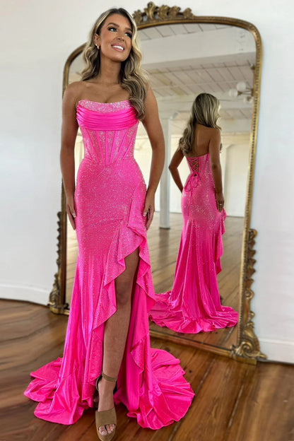 Light Blue Strapless Mermaid Prom Dress with Lace Up Back Beaded Details and Leg Slit AD078