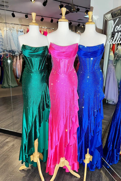 Light Blue Strapless Mermaid Prom Dress with Lace Up Back Beaded Details and Leg Slit AD078