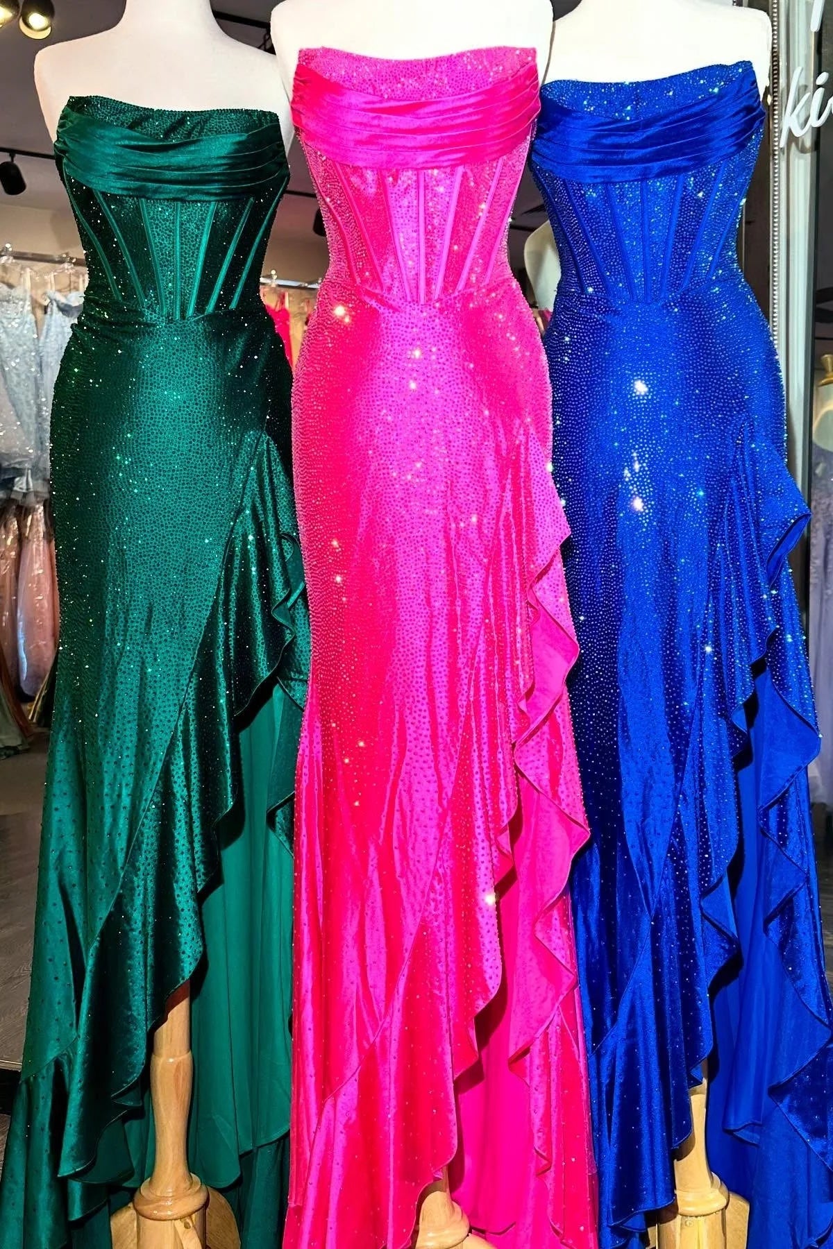 Light Blue Strapless Mermaid Prom Dress with Lace Up Back Beaded Details and Leg Slit AD078
