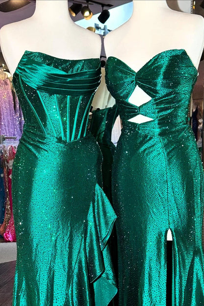 Light Blue Strapless Mermaid Prom Dress with Lace Up Back Beaded Details and Leg Slit AD078