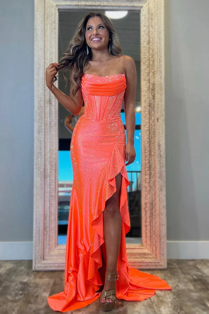 Light Blue Strapless Mermaid Prom Dress with Lace Up Back Beaded Details and Leg Slit AD078