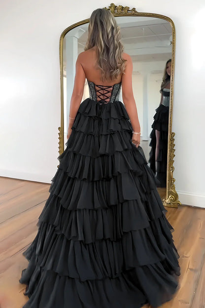 Dark Blue Strapless A Line Prom Dress with Sparkly Layered Chiffon and Side Slit AD079