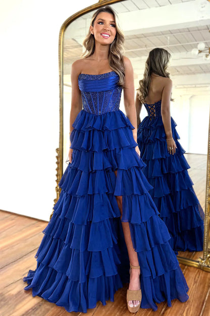 Dark Blue Strapless A Line Prom Dress with Sparkly Layered Chiffon and Side Slit AD079