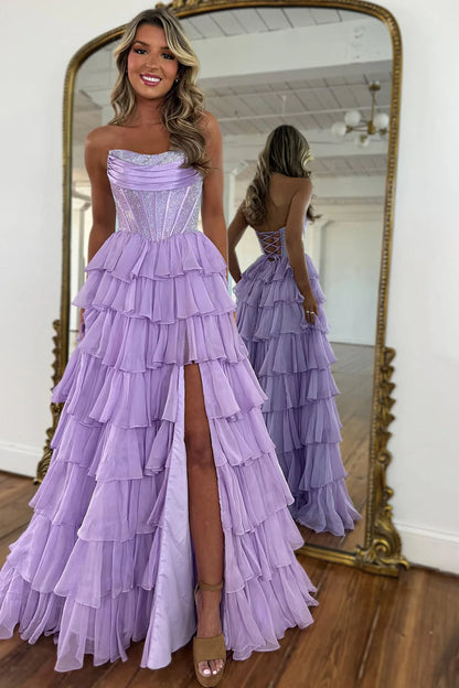 Dark Blue Strapless A Line Prom Dress with Sparkly Layered Chiffon and Side Slit AD079