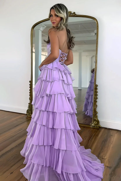 Dark Blue Strapless A Line Prom Dress with Sparkly Layered Chiffon and Side Slit AD079