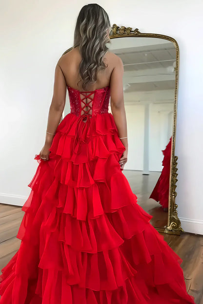 Dark Blue Strapless A Line Prom Dress with Sparkly Layered Chiffon and Side Slit AD079