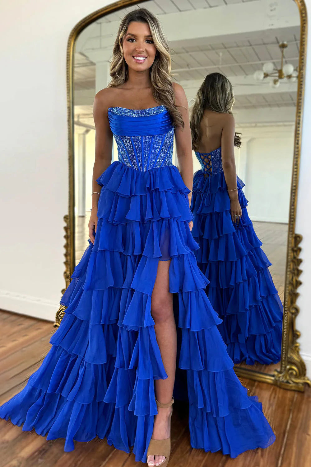 Dark Blue Strapless A Line Prom Dress with Sparkly Layered Chiffon and Side Slit AD079