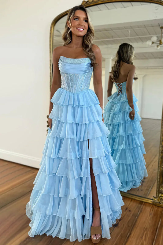 Dark Blue Strapless A Line Prom Dress with Sparkly Layered Chiffon and Side Slit AD079