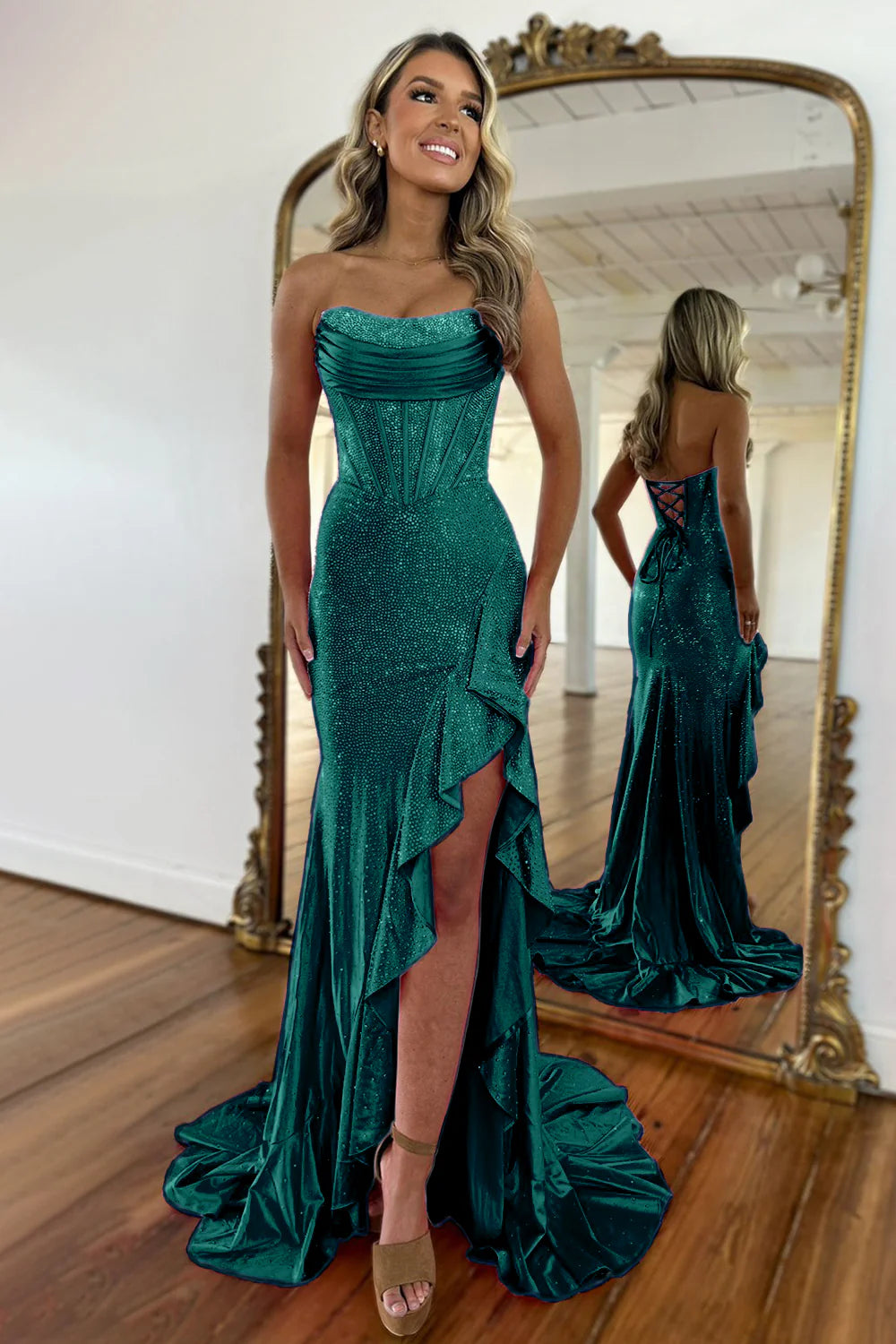 Luxurious Hot Pink Glitter Mermaid Strapless Long Beaded Prom Dress With Leg Slit AD080