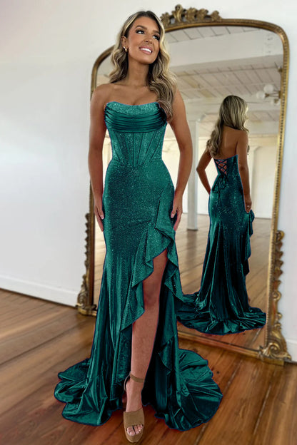 Luxurious Hot Pink Glitter Mermaid Strapless Long Beaded Prom Dress With Leg Slit AD080