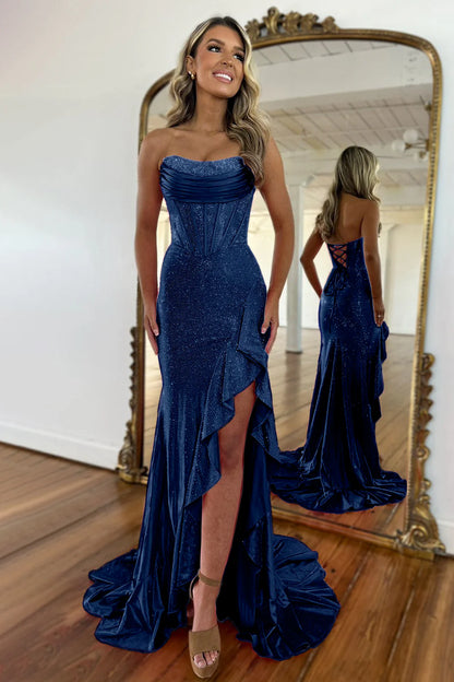 Luxurious Hot Pink Glitter Mermaid Strapless Long Beaded Prom Dress With Leg Slit AD080
