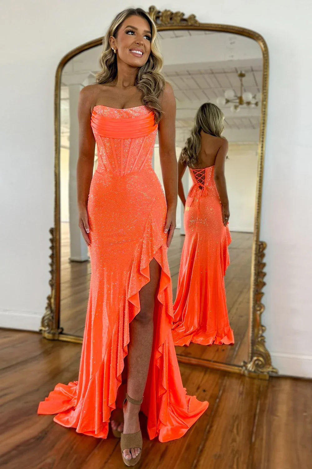 Luxurious Hot Pink Glitter Mermaid Strapless Long Beaded Prom Dress With Leg Slit AD080