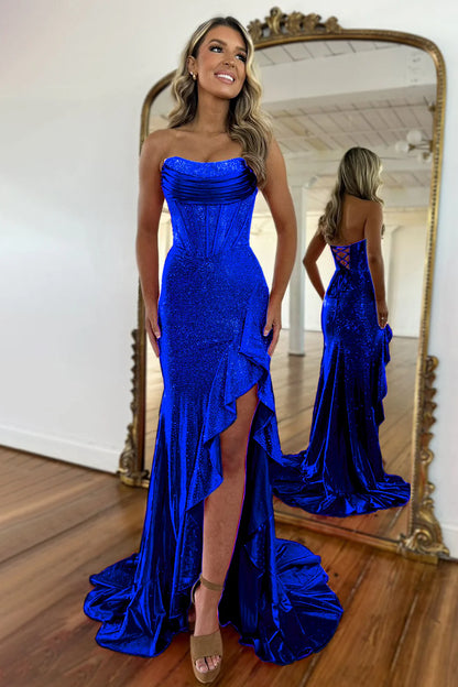 Luxurious Hot Pink Glitter Mermaid Strapless Long Beaded Prom Dress With Leg Slit AD080