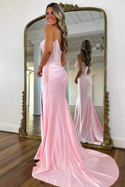 Blush Pink Crystal Beaded Strapless Prom Gown with Corset Bodice & Slit AD081
