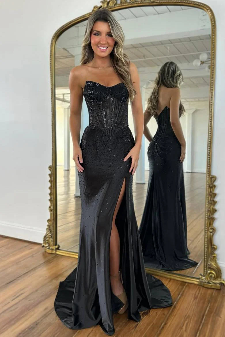 Blush Pink Crystal Beaded Strapless Prom Gown with Corset Bodice & Slit AD081