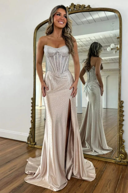 Blush Pink Crystal Beaded Strapless Prom Gown with Corset Bodice & Slit AD081