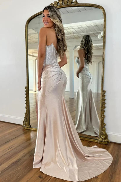 Blush Pink Crystal Beaded Strapless Prom Gown with Corset Bodice & Slit AD081