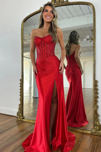 Blush Pink Crystal Beaded Strapless Prom Gown with Corset Bodice & Slit AD081