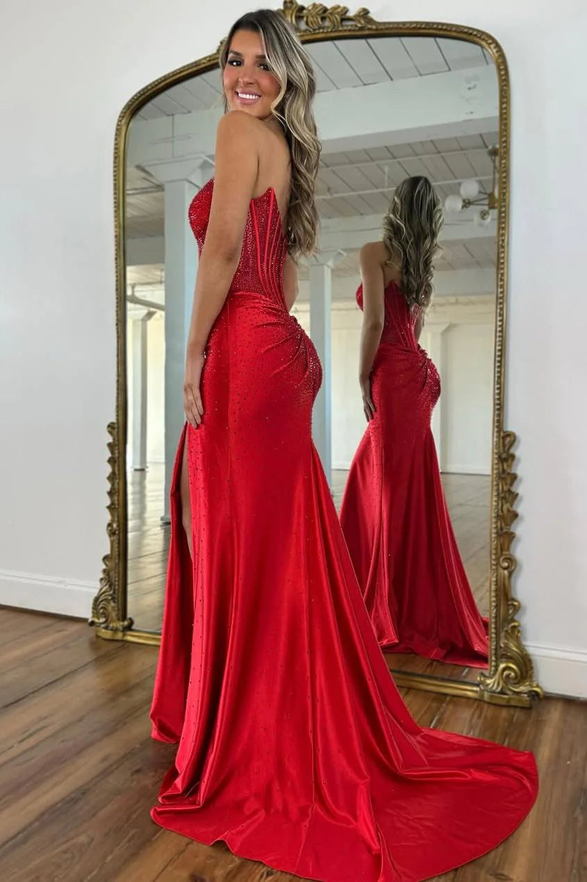 Blush Pink Crystal Beaded Strapless Prom Gown with Corset Bodice & Slit AD081