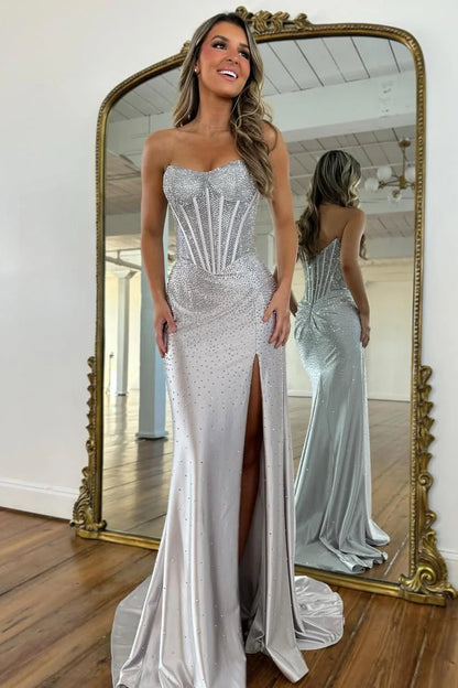 Blush Pink Crystal Beaded Strapless Prom Gown with Corset Bodice & Slit AD081