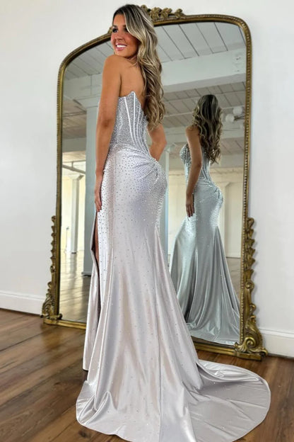 Blush Pink Crystal Beaded Strapless Prom Gown with Corset Bodice & Slit AD081