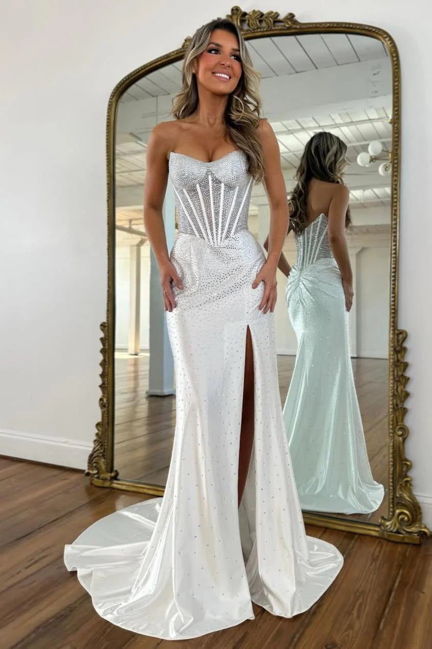Blush Pink Crystal Beaded Strapless Prom Gown with Corset Bodice & Slit AD081