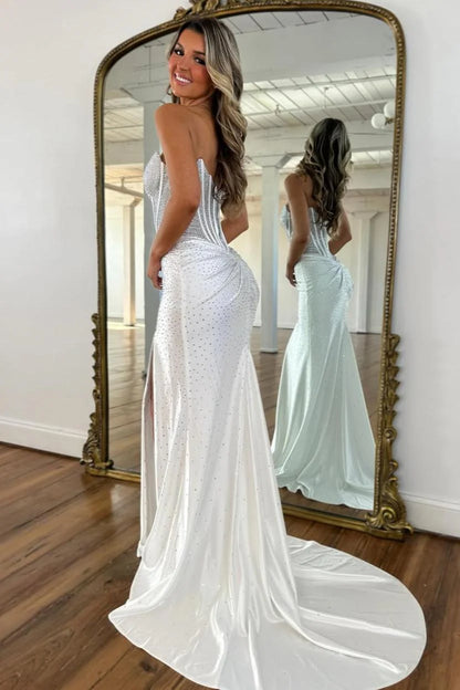 Blush Pink Crystal Beaded Strapless Prom Gown with Corset Bodice & Slit AD081