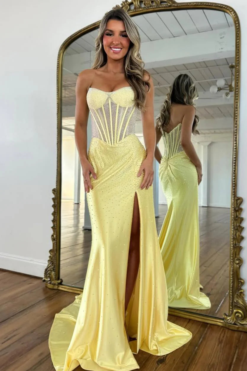 Blush Pink Crystal Beaded Strapless Prom Gown with Corset Bodice & Slit AD081