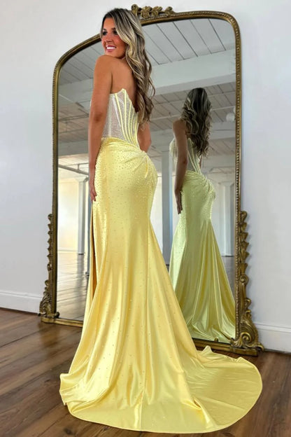 Blush Pink Crystal Beaded Strapless Prom Gown with Corset Bodice & Slit AD081