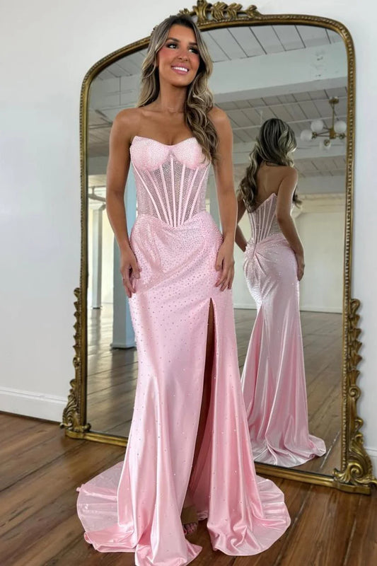 Blush Pink Crystal Beaded Strapless Prom Gown with Corset Bodice & Slit AD081